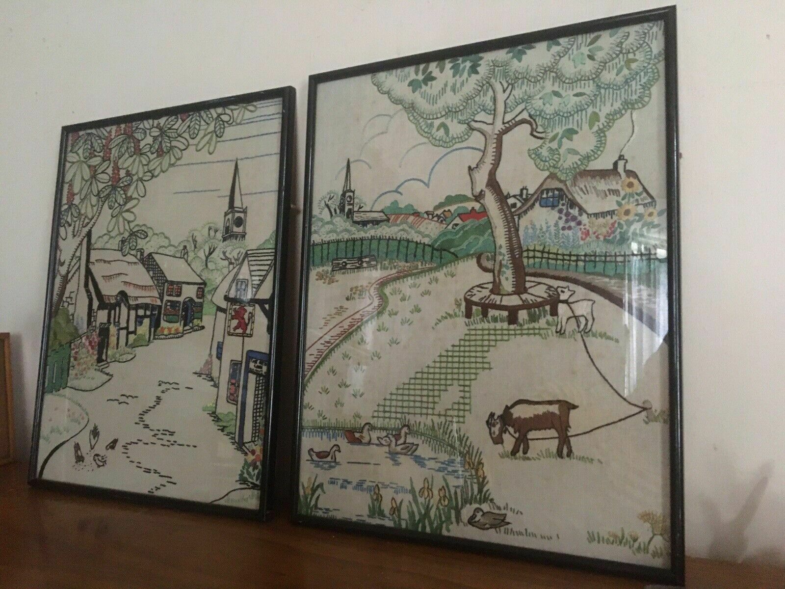 95.0 Pair Of Vintage/Antique Needlework Embroidered Pictures Framed Textile Art Deco photo