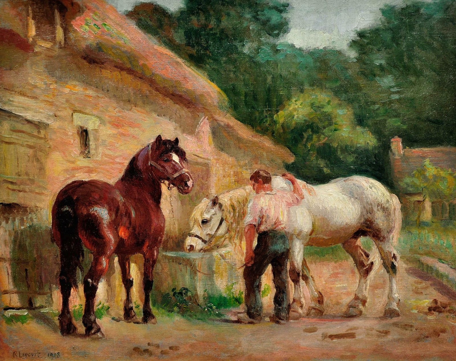 Raimond Louis Lecourt 1882 To 1946. French. Working Horses At The Trough, Normandy 1908. Chevaux à L'abreuvoir. Framed Oil Painting. photo furniture