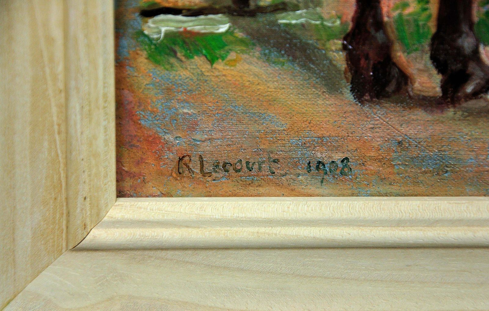 Raimond Louis Lecourt 1882 To 1946. French. Working Horses At The Trough, Normandy 1908. Chevaux à L'abreuvoir. Framed Oil Painting. photo for sale