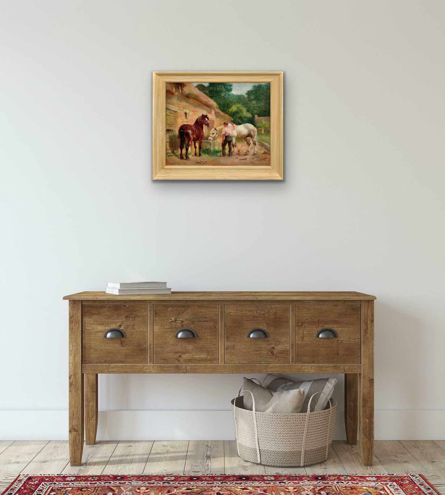 Raimond Louis Lecourt 1882 To 1946. French. Working Horses At The Trough, Normandy 1908. Chevaux à L'abreuvoir. Framed Oil Painting. photo 2495.0