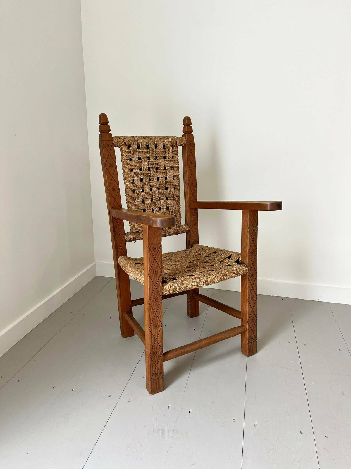 Carved Folk Art Mission Style Antique Children's Chair In Solid Wood With Rope Seat photo furniture