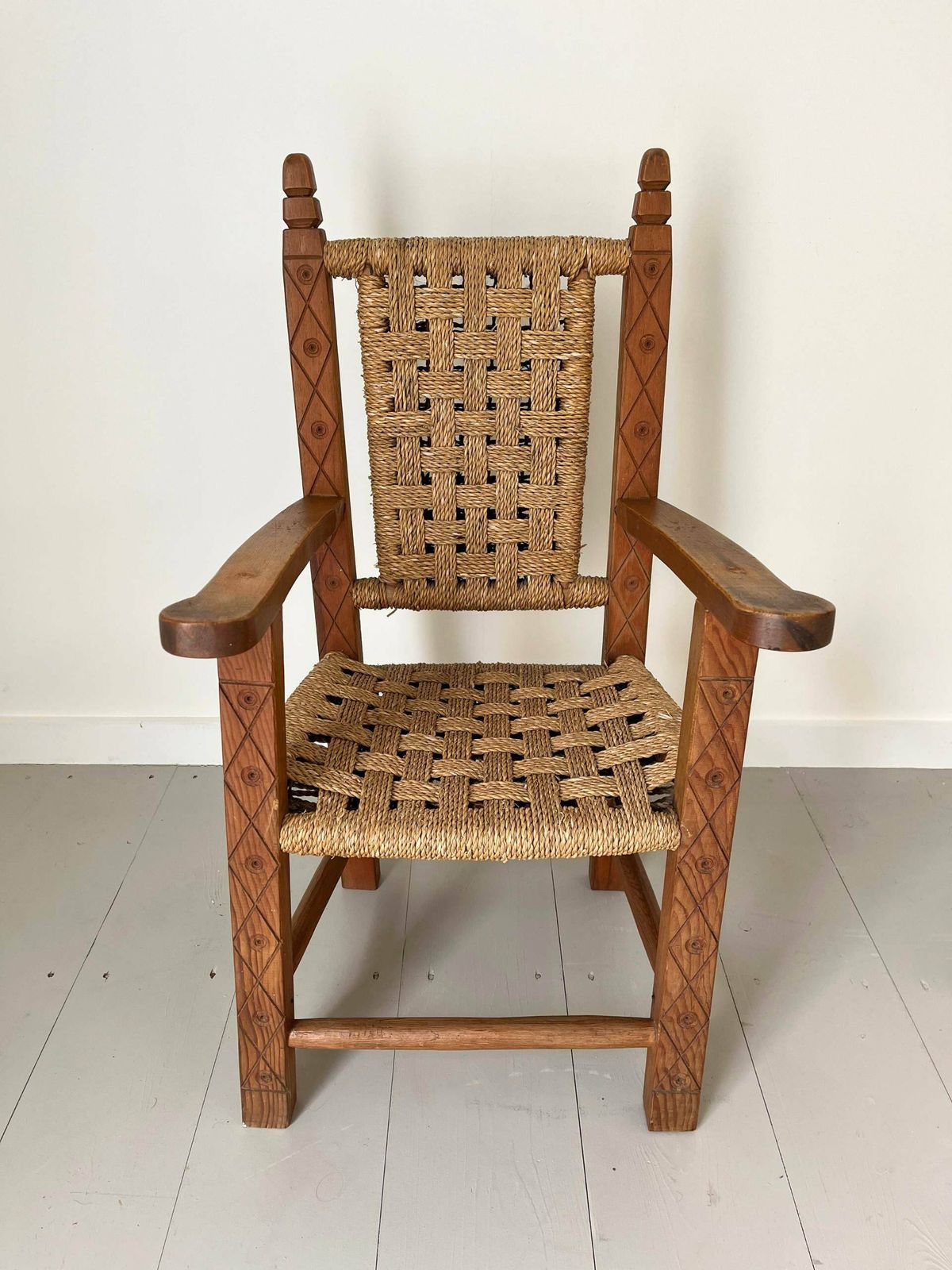 Carved Folk Art Mission Style Antique Children's Chair In Solid Wood With Rope Seat photo Furniture