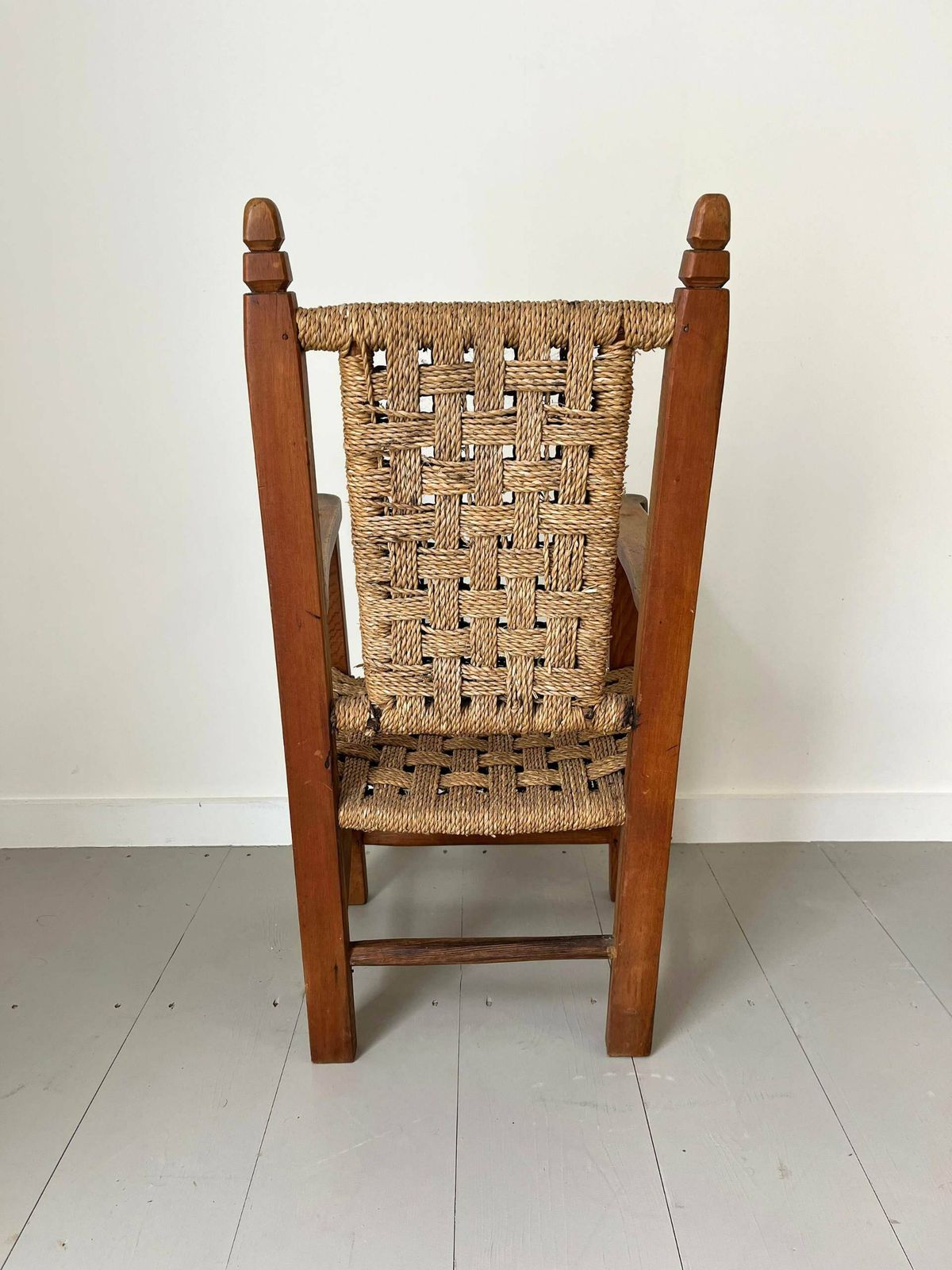 Carved Folk Art Mission Style Antique Children's Chair In Solid Wood With Rope Seat photo 380.0
