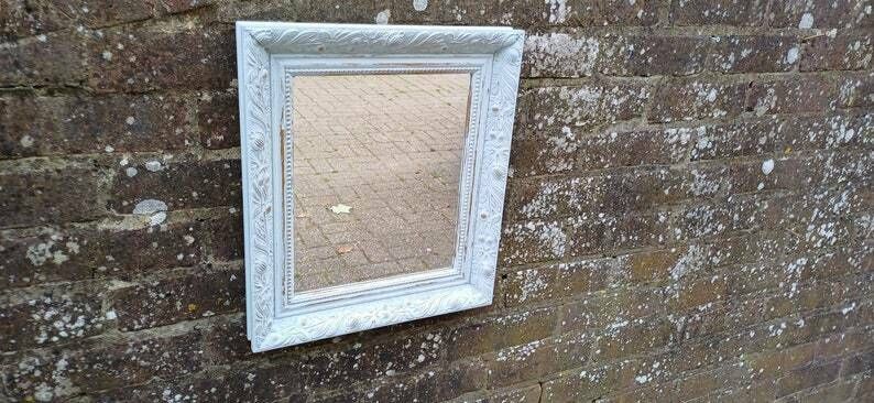 Small Ornate Painted Shabby Chic Mirror In Farrow And Ball Light Blue. Gold Highlights.