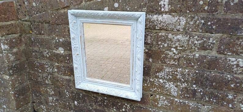 Small Ornate Painted Shabby Chic Mirror In Farrow And Ball Light Blue. Gold Highlights. photo Home Decor