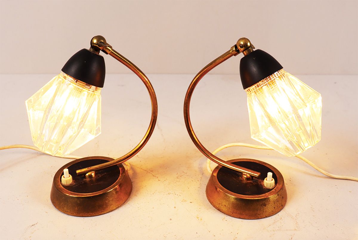 Set Of Two Mid Century Bedside Table Lamps With Original Glass Shades, C.1960 photo Lighting