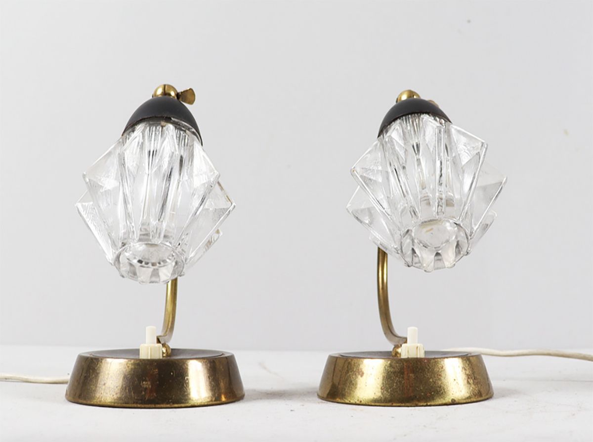 Set Of Two Mid Century Bedside Table Lamps With Original Glass Shades, C.1960 photo vinterior