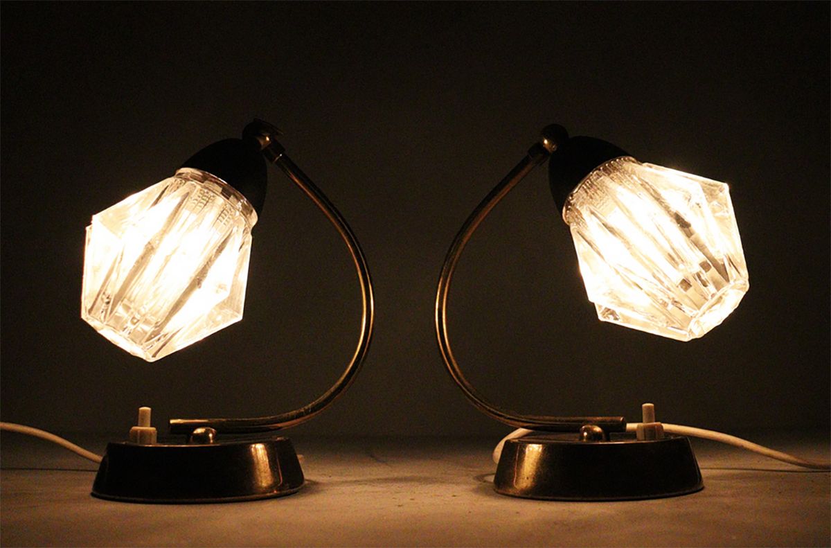 photo furniture Set Of Two Mid Century Bedside Table Lamps With Original Glass Shades, C.1960