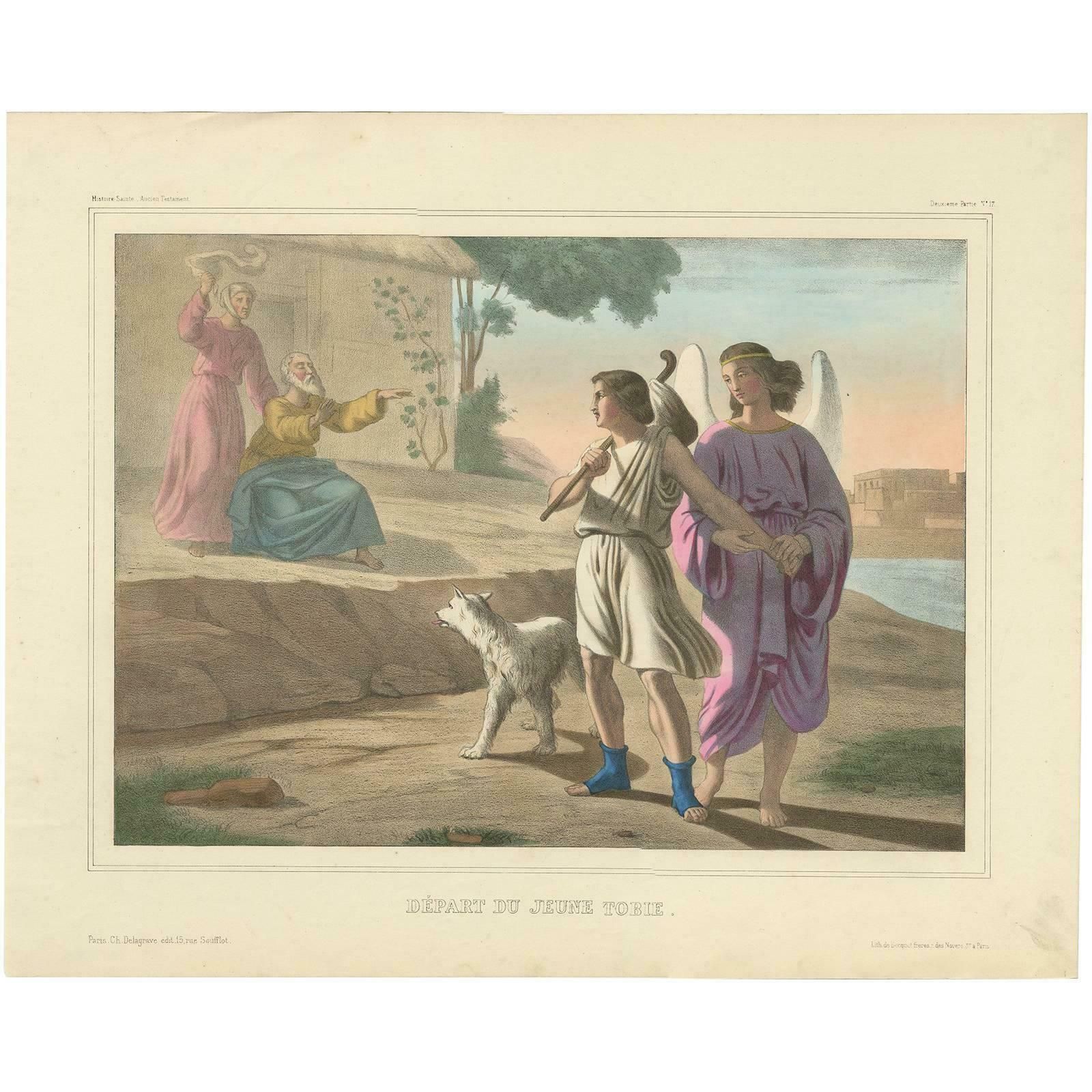 Antique Religious Print 'No. 17' The Departure Of Young Tobias, Circa 1840