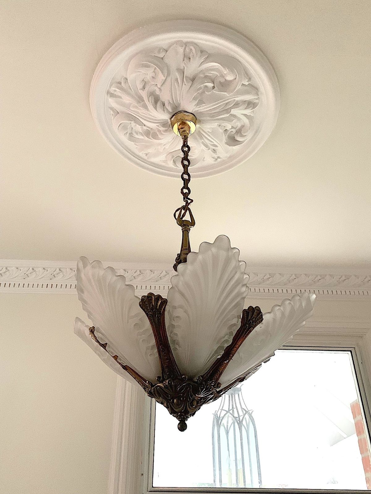Pair Of Art Deco Chandeliers, With Brass Fittings And 6 X Cast Glass Shades In Each Chandelier, Plus 6 X Bulb Light Fittings In Each Light. Comes With Rose Fittings. photo furniture