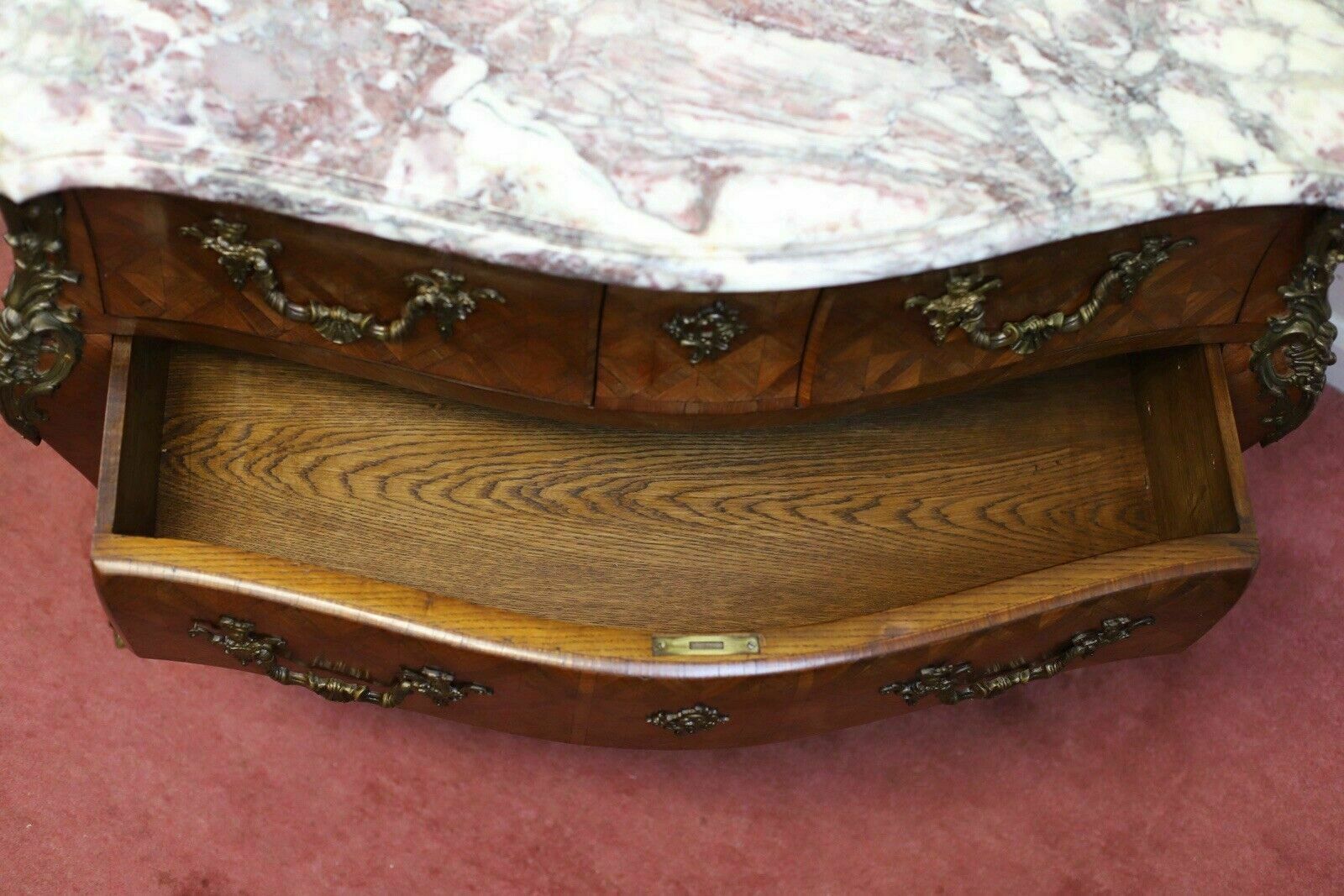 photo for sale Stunning French Kingwood Parquetry Veneered Three Drawer Commode
