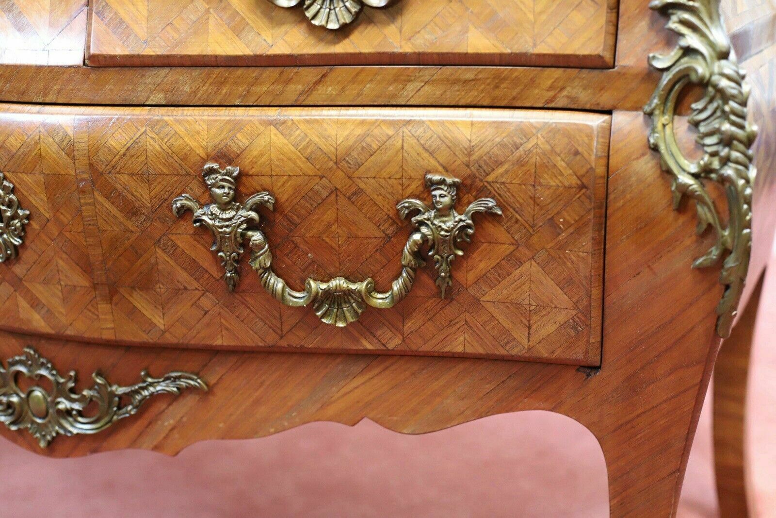 photo buy Stunning French Kingwood Parquetry Veneered Three Drawer Commode