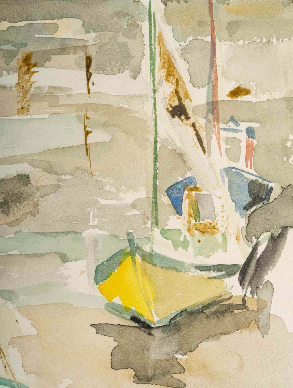 Watercolor On Paper Depicting A Port And Boats, 1950 60. photo furniture