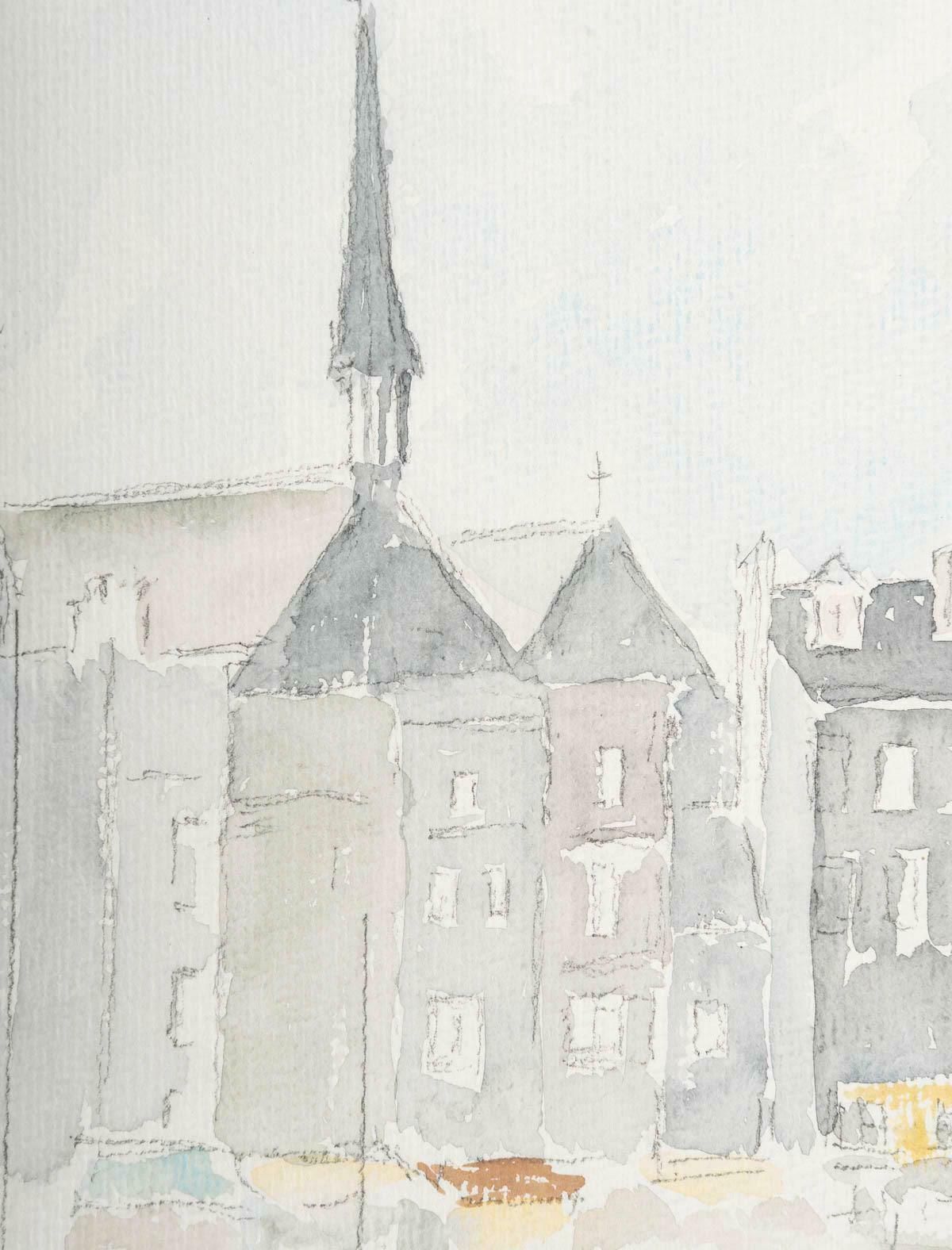 Watercolour On Paper Depicting A City And Its Canal, 1980. photo for sale
