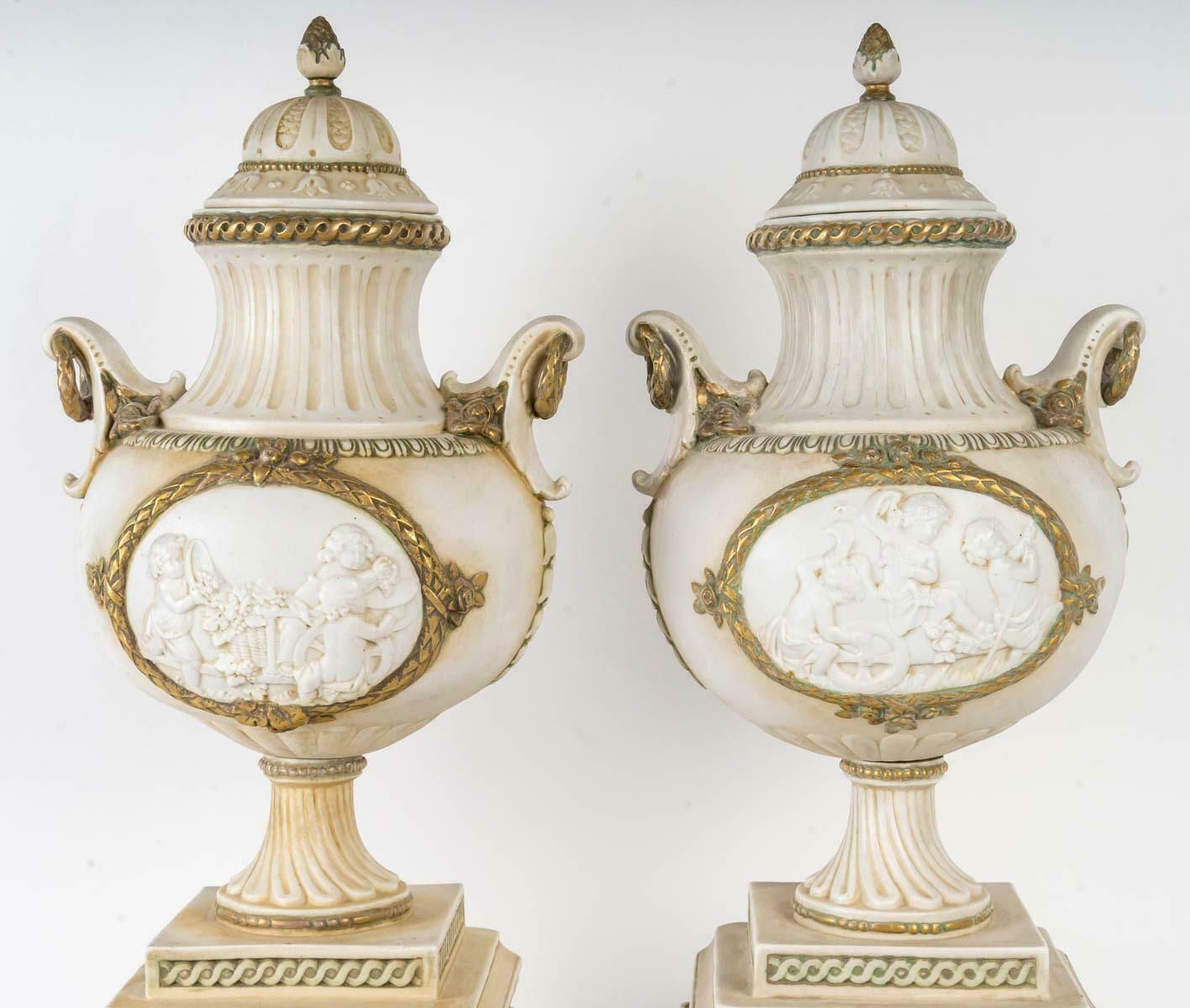 Pair Of 19th Century Napoleon III Period Covered Vases In Biscuit. photo Home Decor