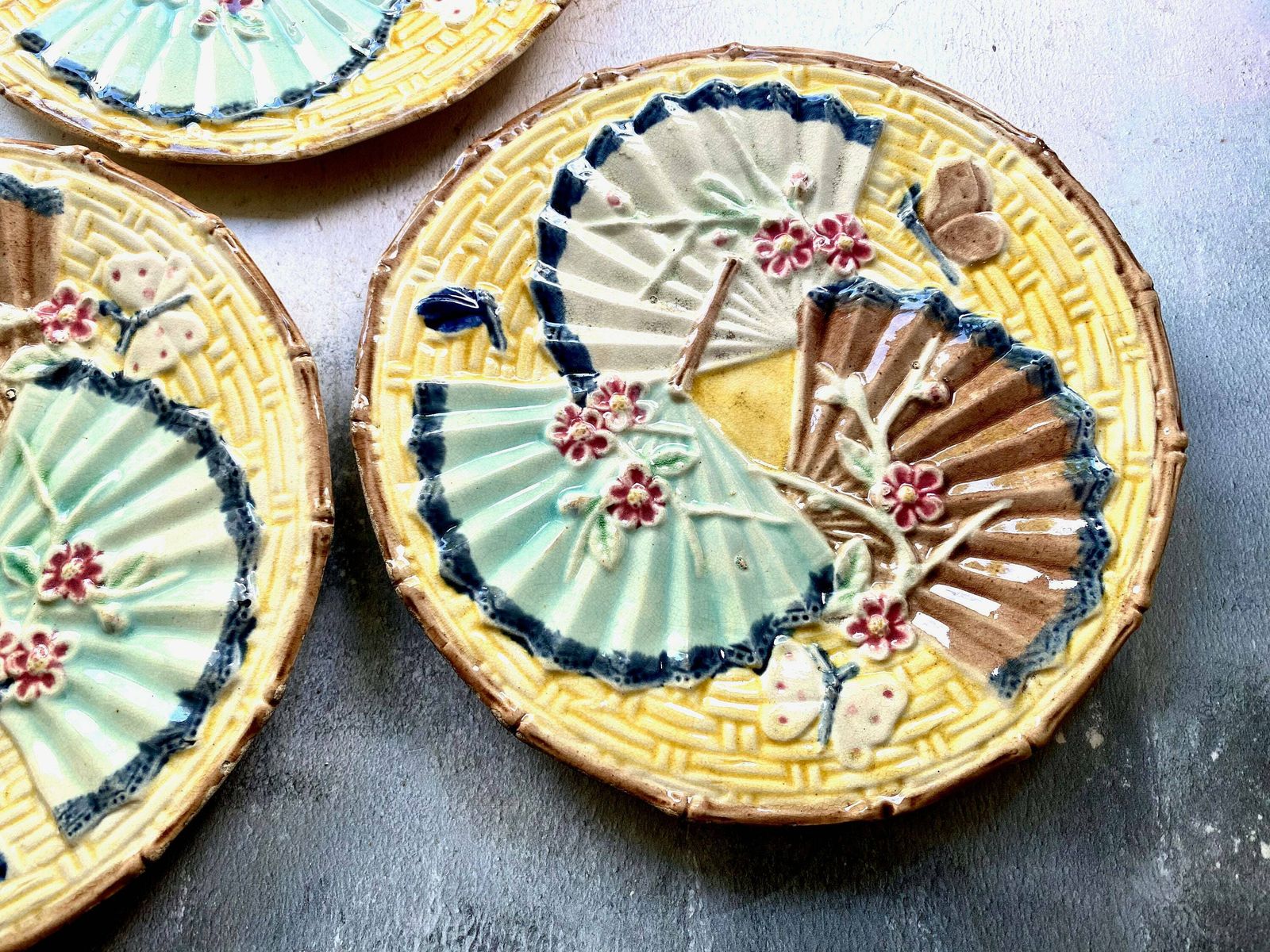 Trio Of Majolica Fans Butterflies Aesthetic Movement Plates Wedgwood photo Home Decor