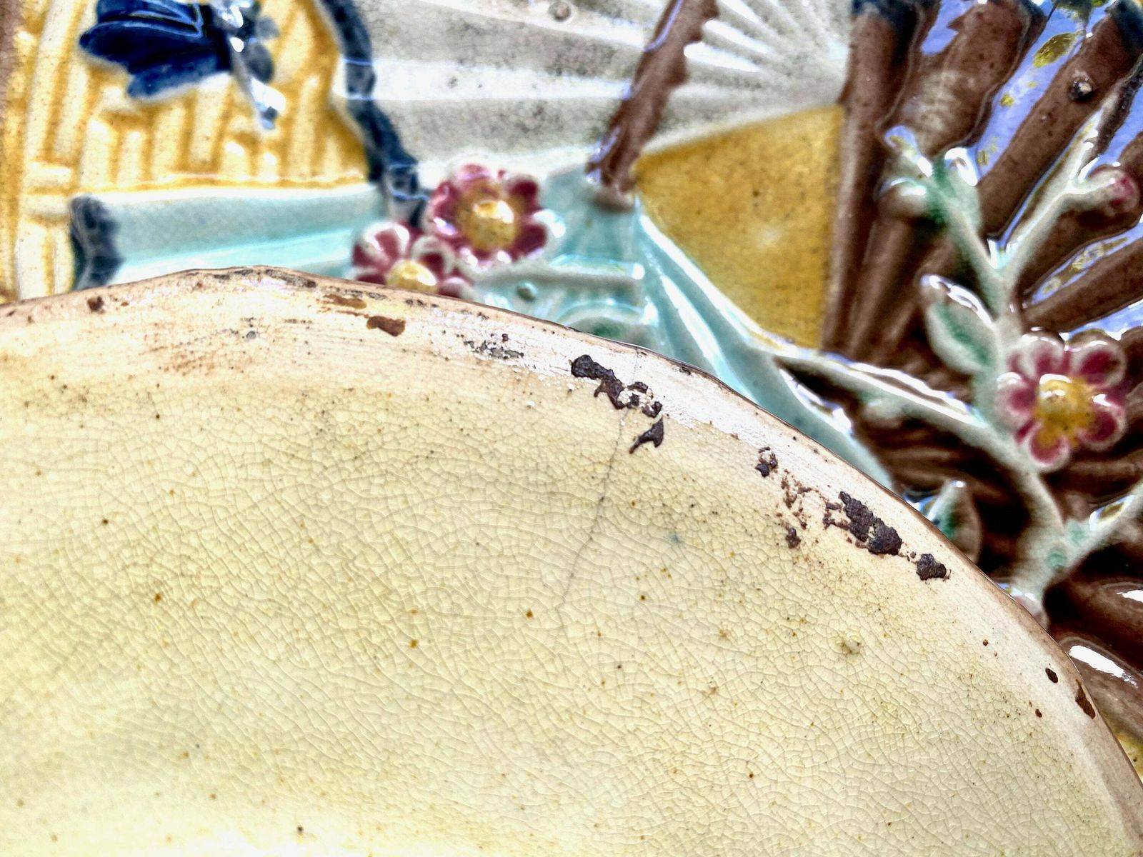 photo for sale Trio Of Majolica Fans Butterflies Aesthetic Movement Plates Wedgwood