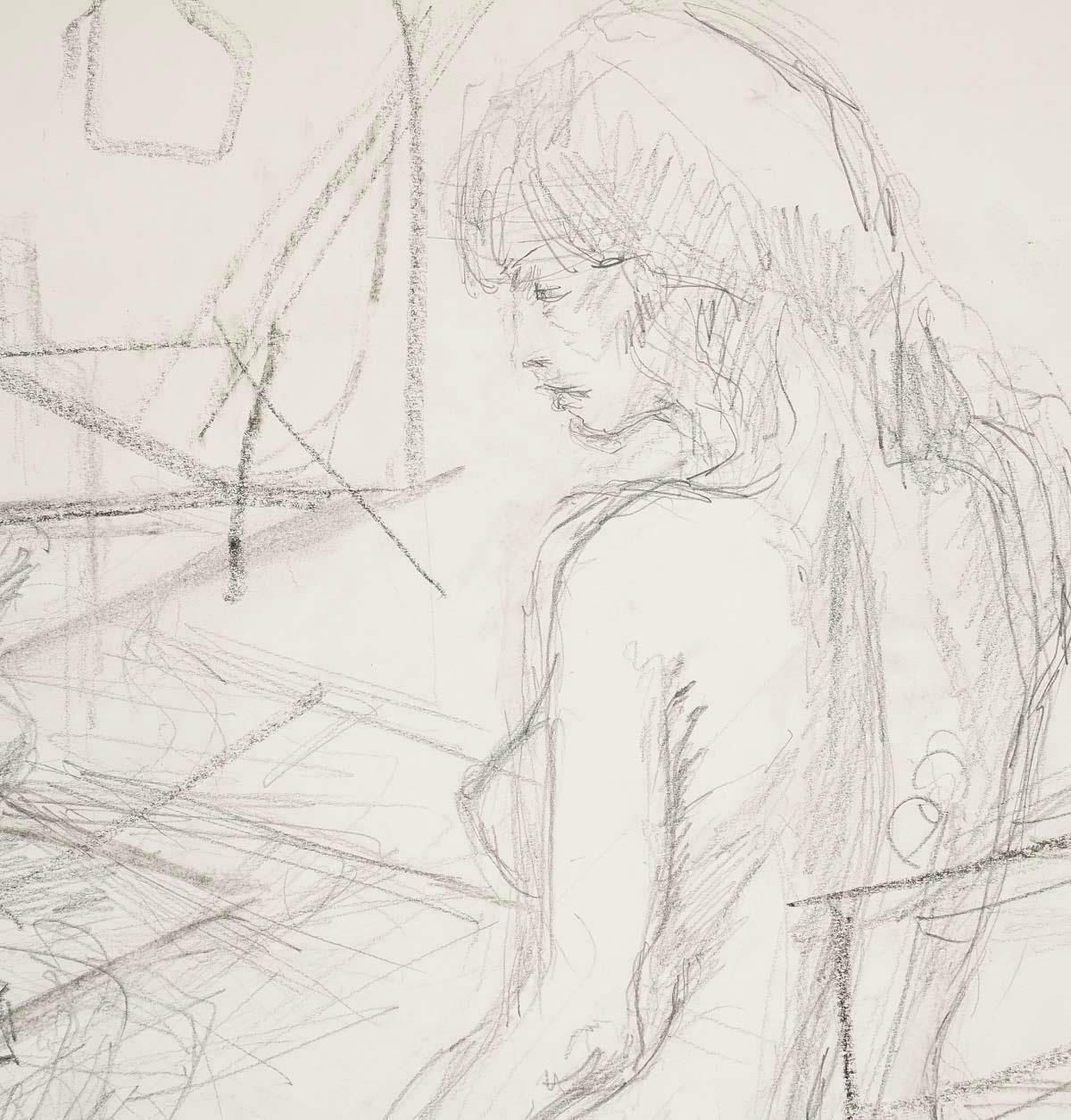Drawing On Paper, Preparatory Drawing, Young Woman, 20th Century. photo furniture