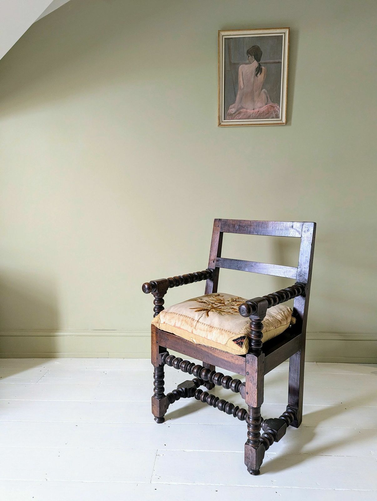 photo furniture A Provincial French Antique Bobbin Carved Walnut Armchair With Cushion C1800
