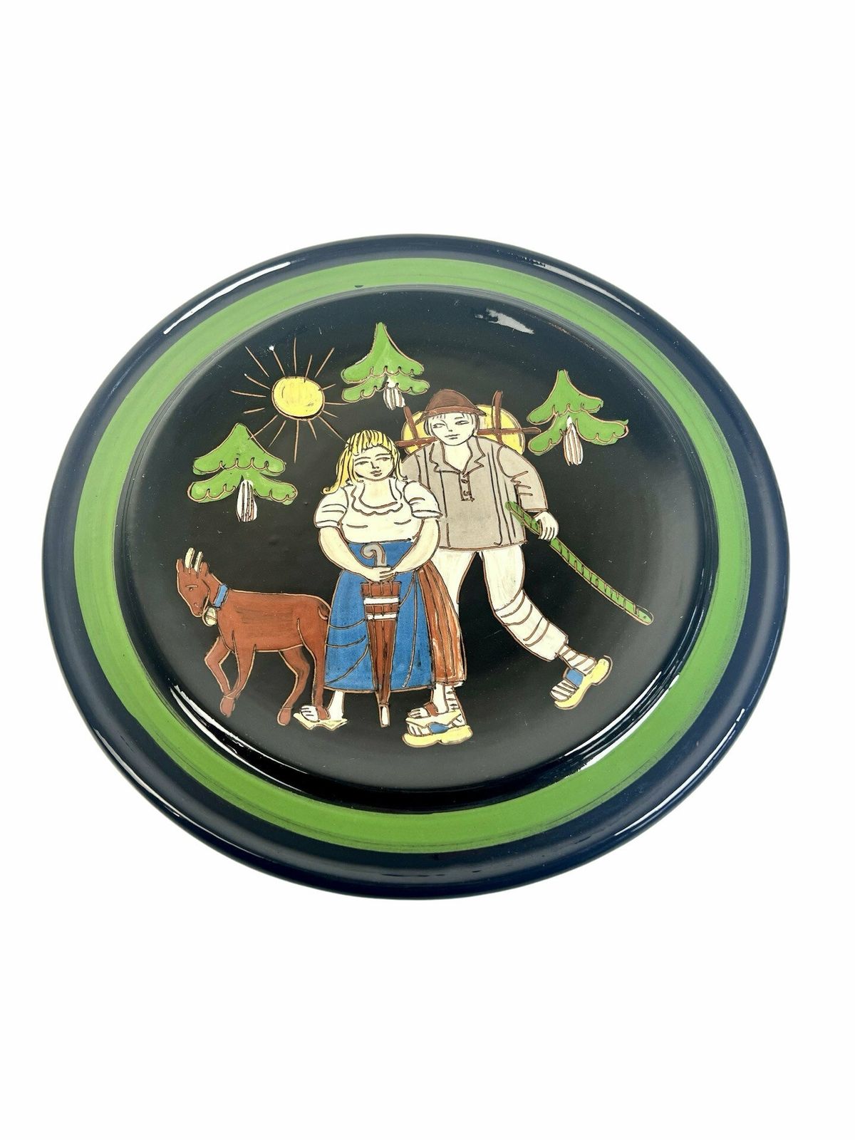 Swiss Pottery Wall Plate, Young Farmer Couple Dark Brown Mid Century Aesthetic Farming Motif Grandpa Grandma Chic Wedding Gift Switzerland photo furniture