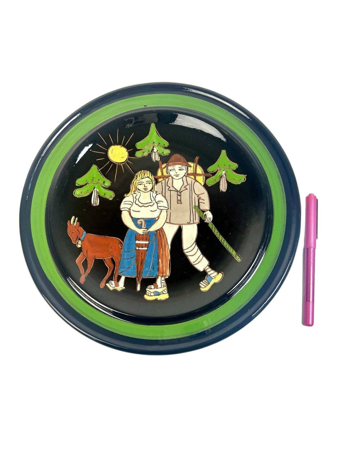 Swiss Pottery Wall Plate, Young Farmer Couple Dark Brown Mid Century Aesthetic Farming Motif Grandpa Grandma Chic Wedding Gift Switzerland photo buy