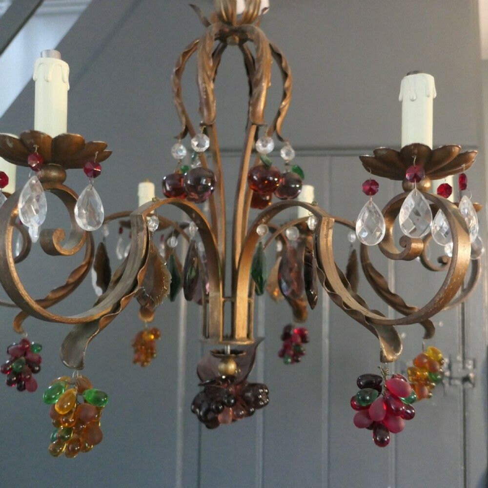 6 Branch Chandelier Hung With Coloured Crystal Fruits, Grapes, Apples And Pears photo for sale