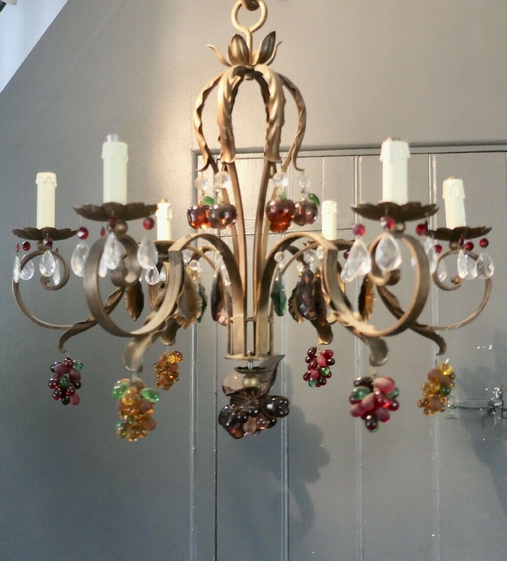 6 Branch Chandelier Hung With Coloured Crystal Fruits, Grapes, Apples And Pears photo buy