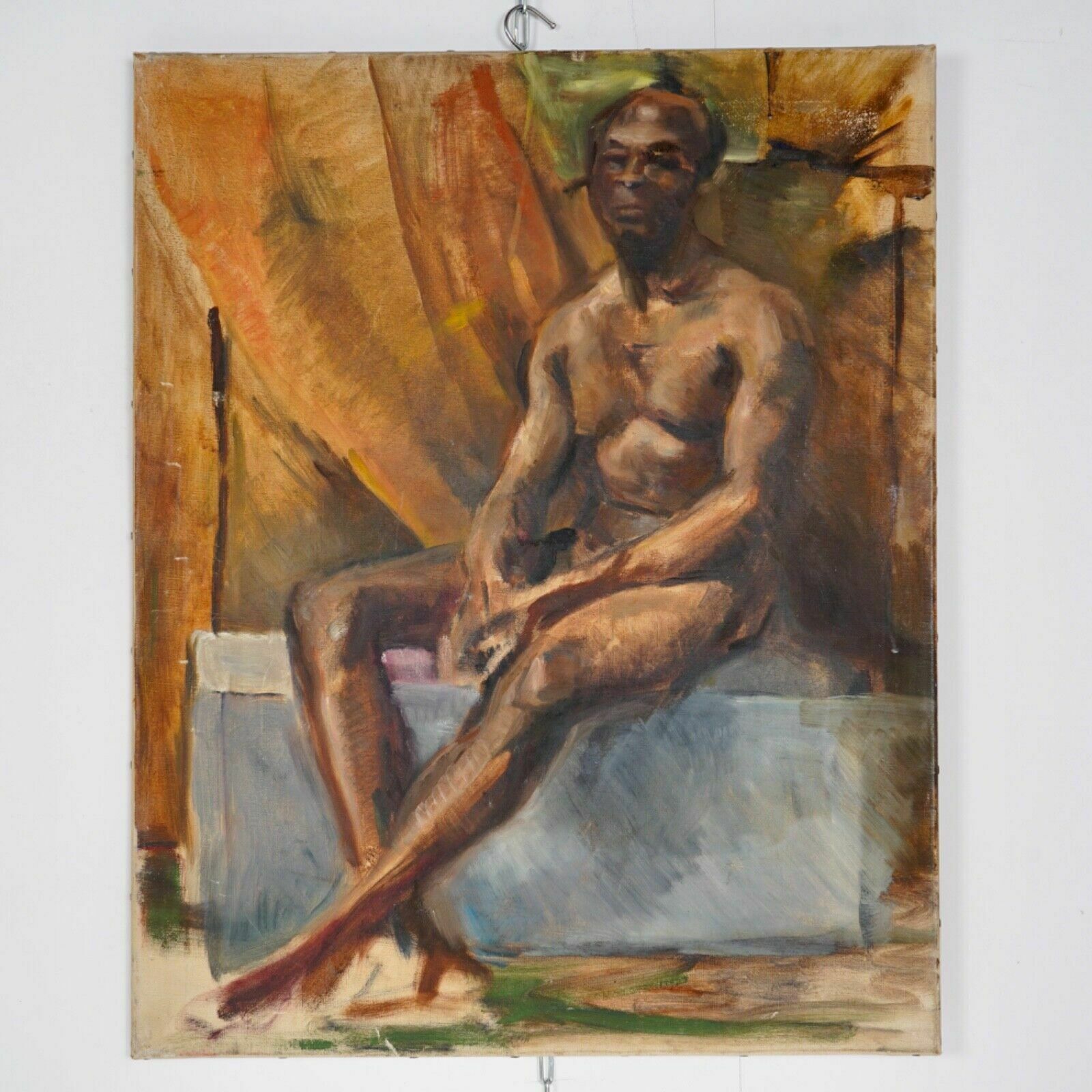 1950s Male Nude Oil On Canvas Painting photo furniture