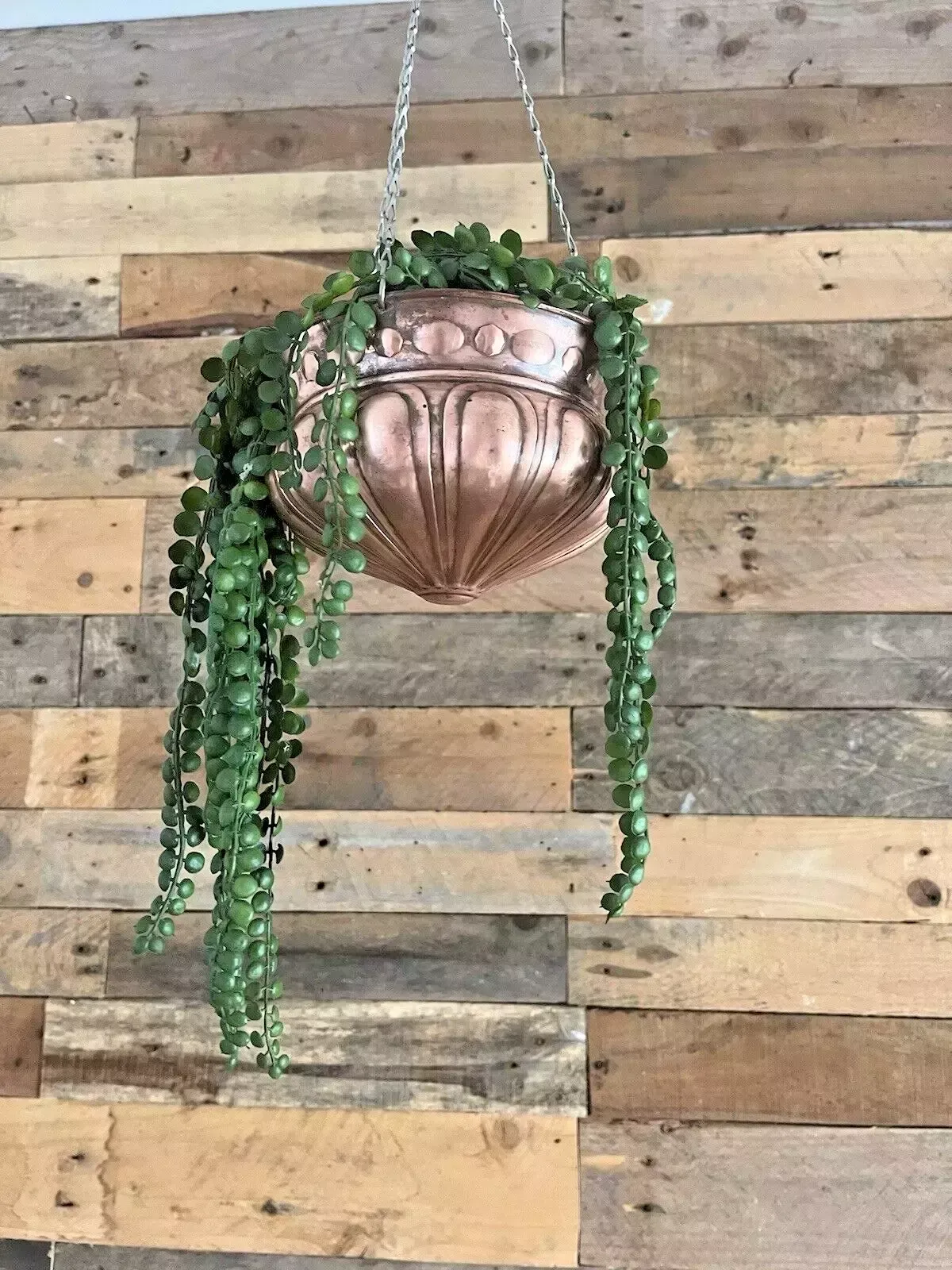Home Decor Antique Art Nouveau Swedish Copper Hanging Basket Planter Plant Pot Vintage Boho photo