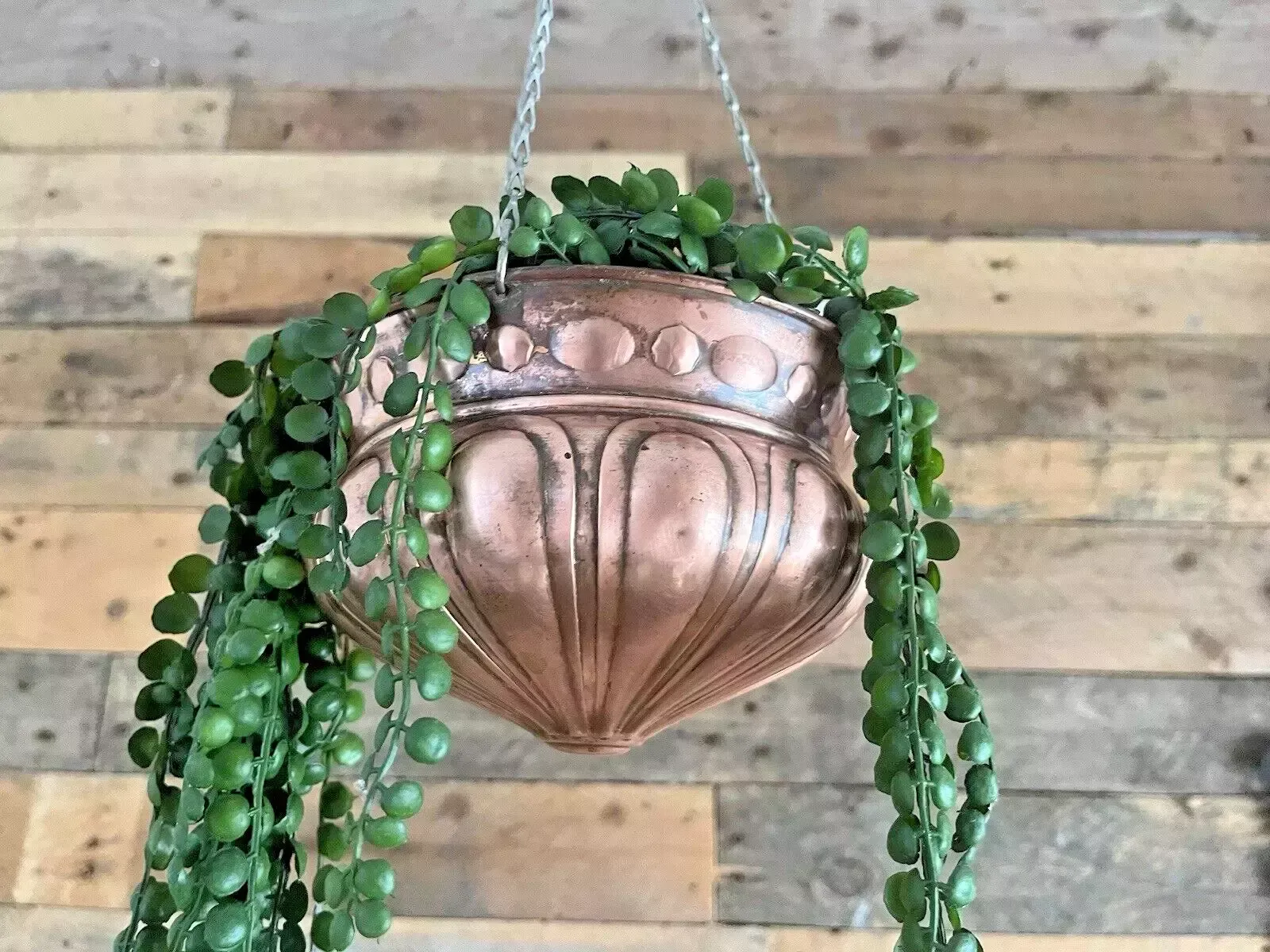 photo vinterior Antique Art Nouveau Swedish Copper Hanging Basket Planter Plant Pot Vintage Boho
