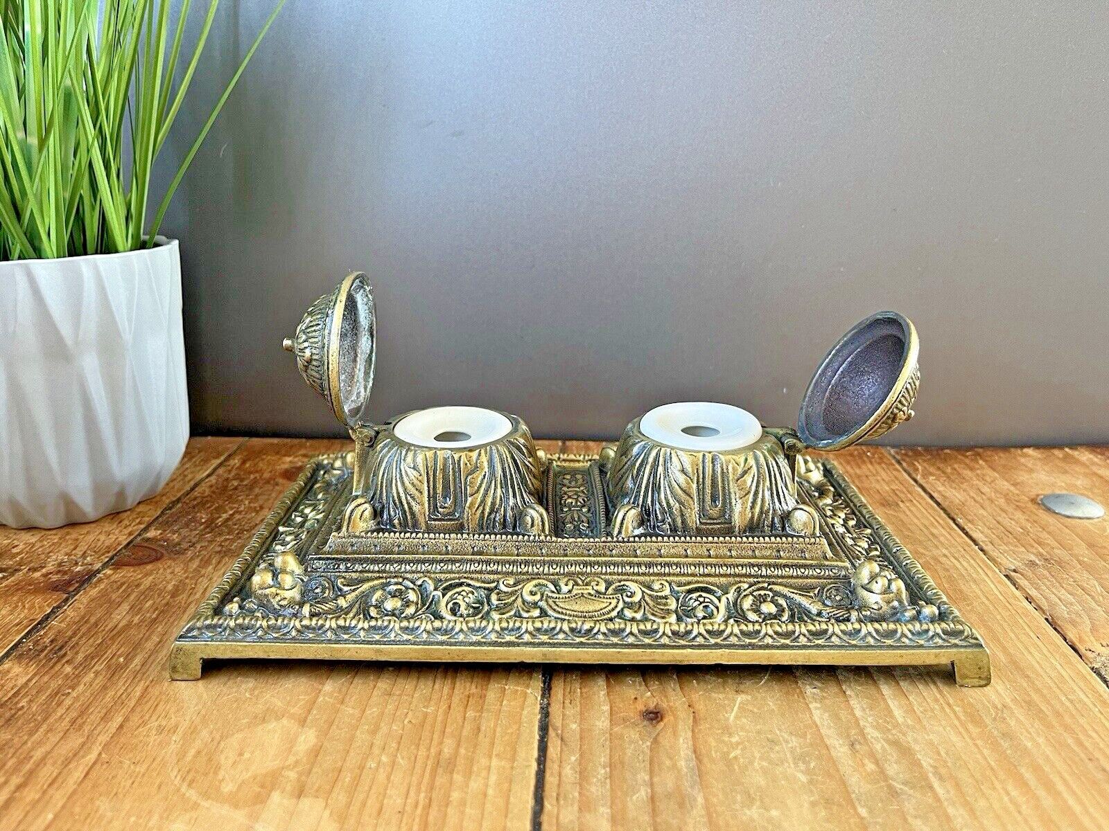 Quality Antique Heavy Brass Double Inkwell & Liners Office Desk Accessory Prop photo 100.0