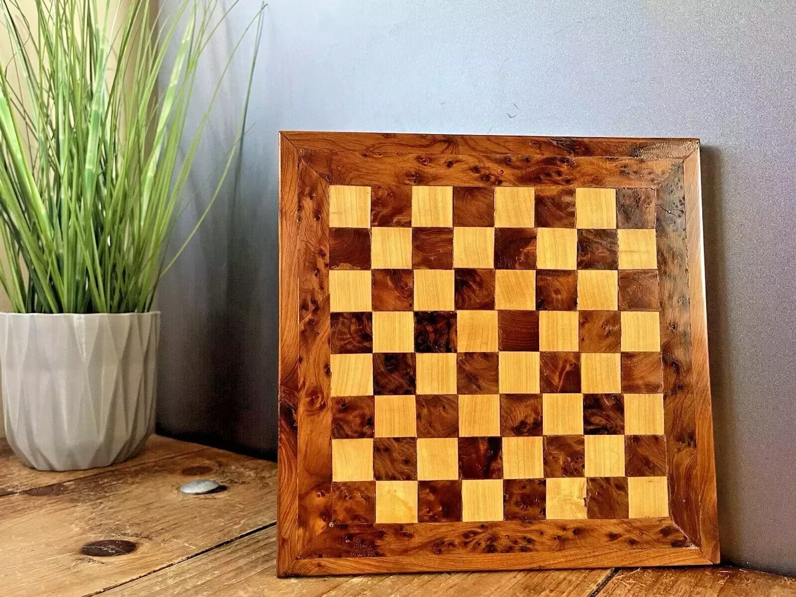 Small Vintage 8" X 8" Burr Walnut Wooden Chess Board Checkers Draughts Antique photo for sale