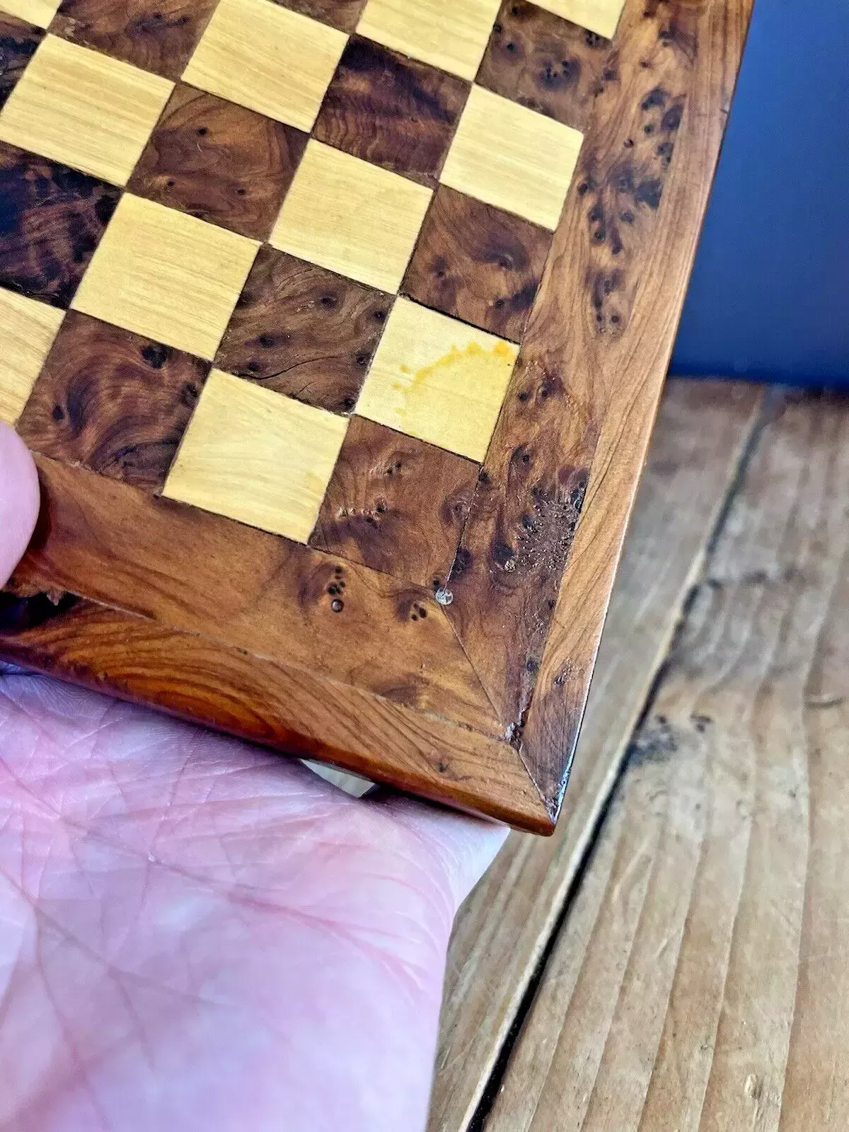 Small Vintage 8" X 8" Burr Walnut Wooden Chess Board Checkers Draughts Antique photo Home Decor