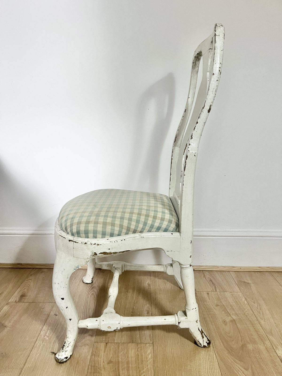 Four Antique Dining Chairs Of White Painted Wood And Upholstered. From The Late 1800's photo for sale