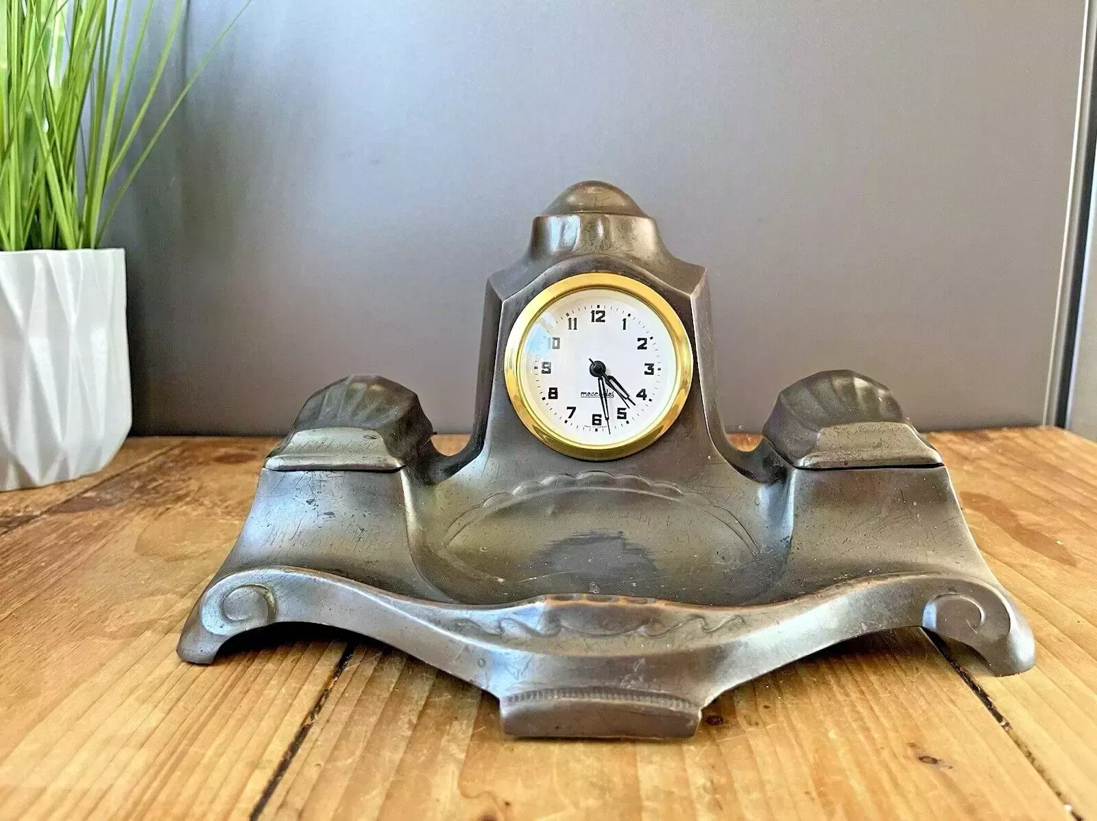 Art Nouveau Jugendstil Mercedes Desk Clock Garniature Inkwell Set Germany Metal