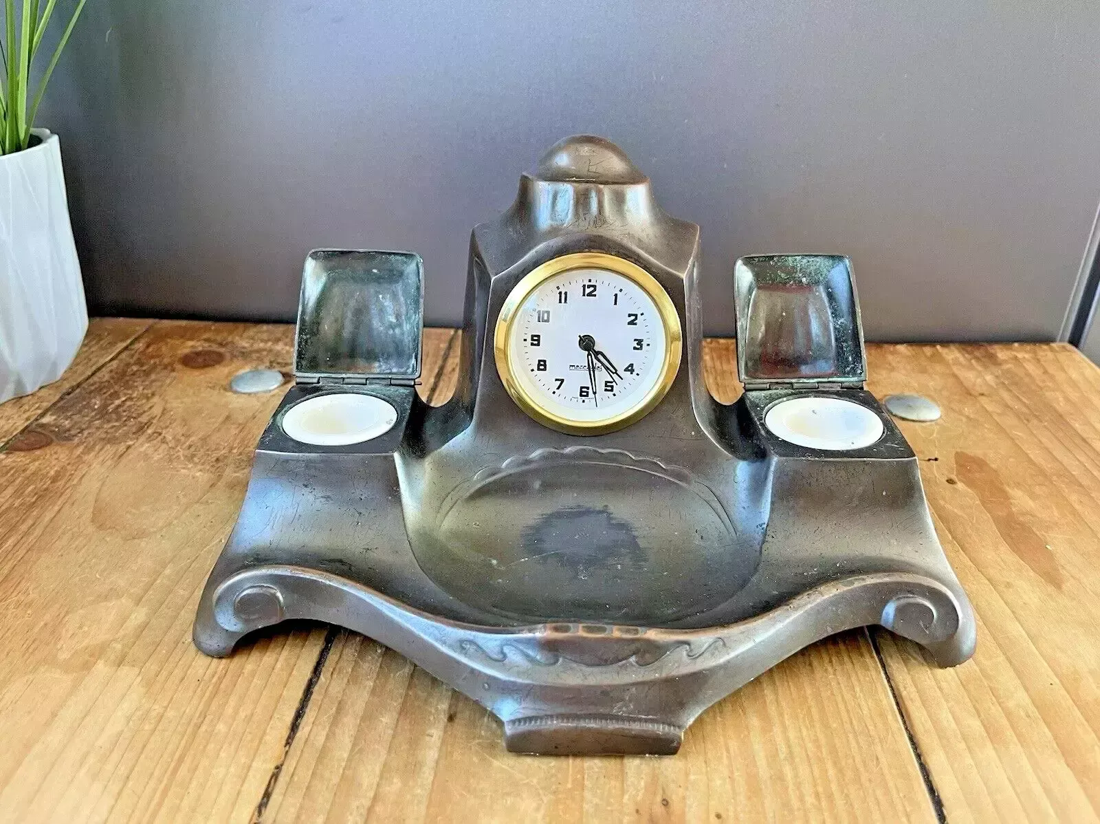 Art Nouveau Jugendstil Mercedes Desk Clock Garniature Inkwell Set Germany Metal photo vintage