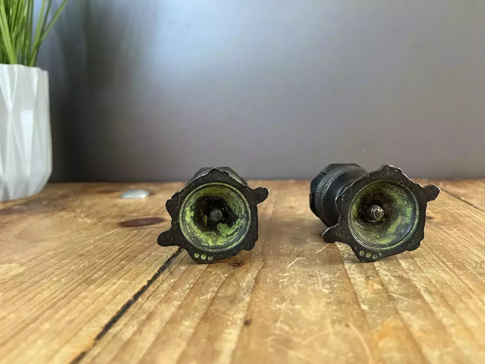 350.0 Pair Of Antique 19th C Burmese Bronze Lotus Flower Incense Burner Candle Holders photo