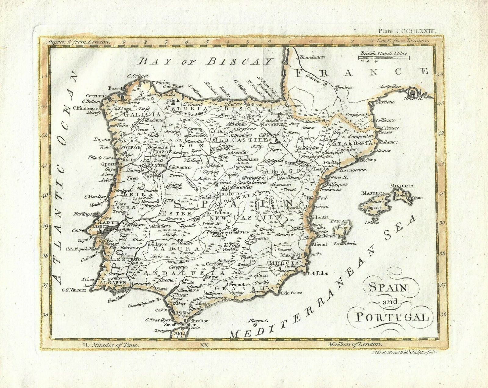 18th Century Map Of Spain And Portugal By Andrew  Bell