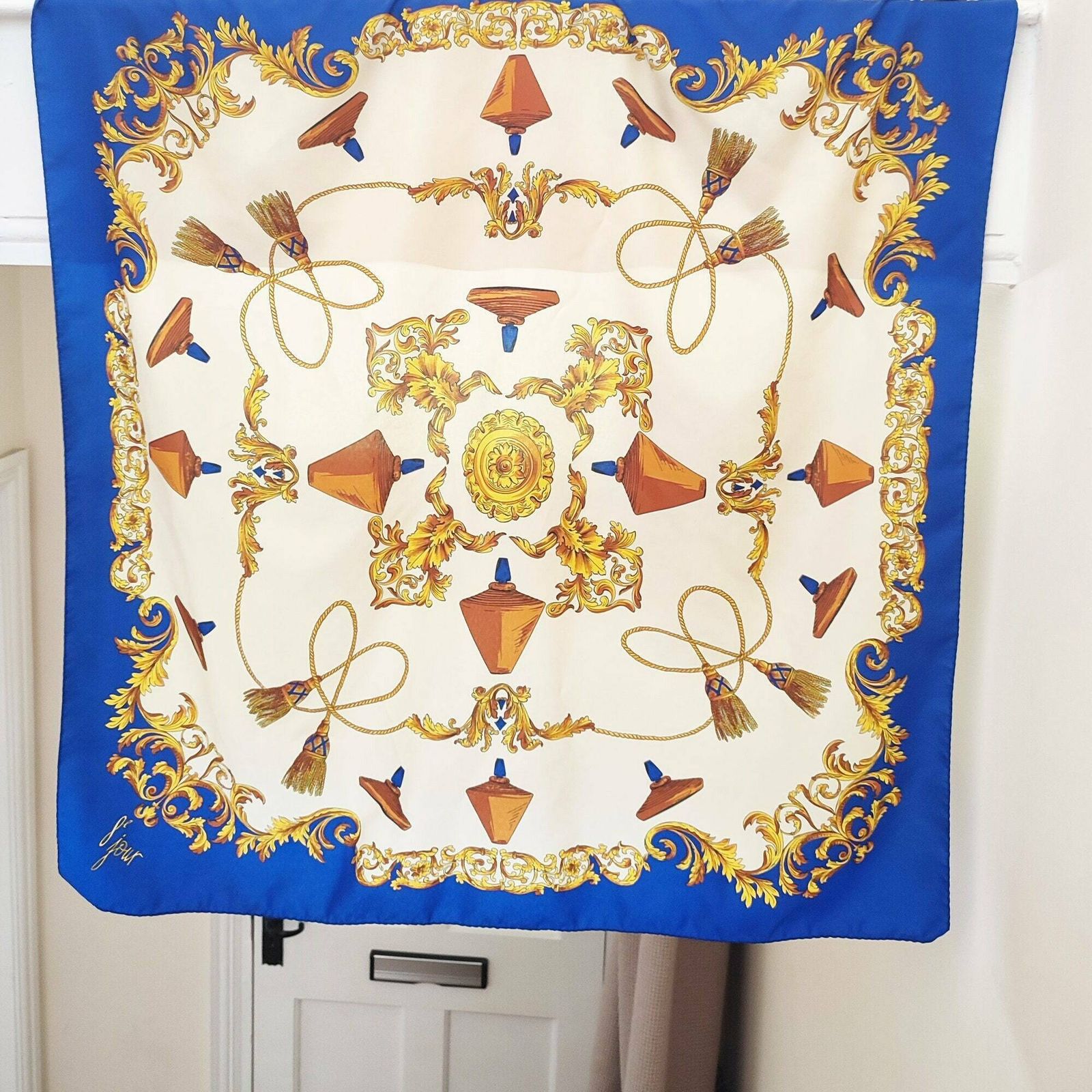 90's Rare Vintage Italian Scarf Inspired By The 8 Jour Fragrance By Yves Rocher   Made In Italy   Baroque Classical Gold Swag   Blue & Gold photo furniture