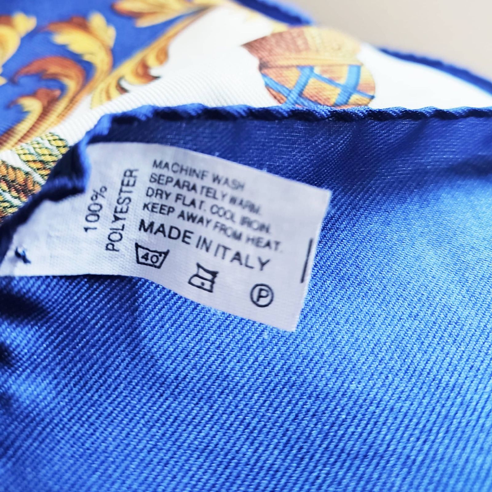 photo for sale 90's Rare Vintage Italian Scarf Inspired By The 8 Jour Fragrance By Yves Rocher   Made In Italy   Baroque Classical Gold Swag   Blue & Gold