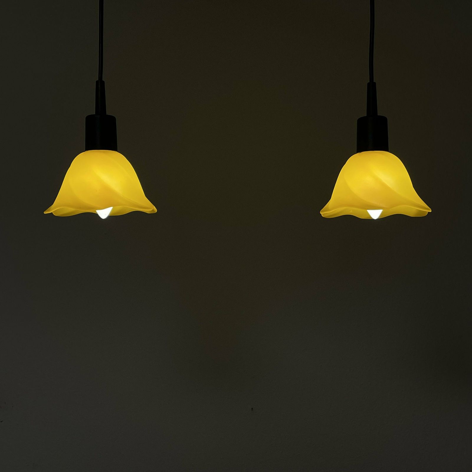 Pair Of Vintage Postmodern Yellow Glass Danish Design Minimalist Ceiling Lamps In Tulip Shape With Black Details photo vinterior