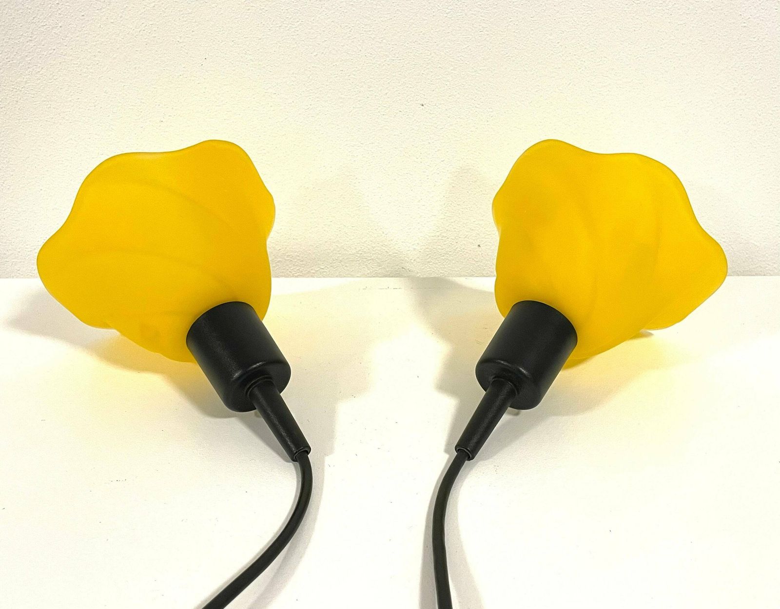 Pair Of Vintage Postmodern Yellow Glass Danish Design Minimalist Ceiling Lamps In Tulip Shape With Black Details photo vintage