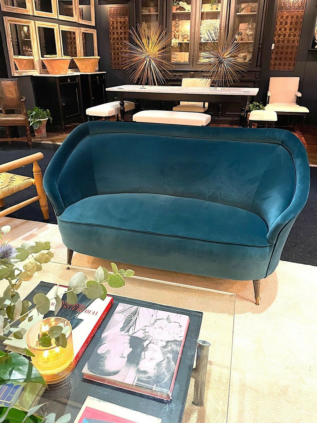 An Orignal Italian 1950s Two Seater Sofa With Curved Back, With Brass And Wooden Feet photo furniture