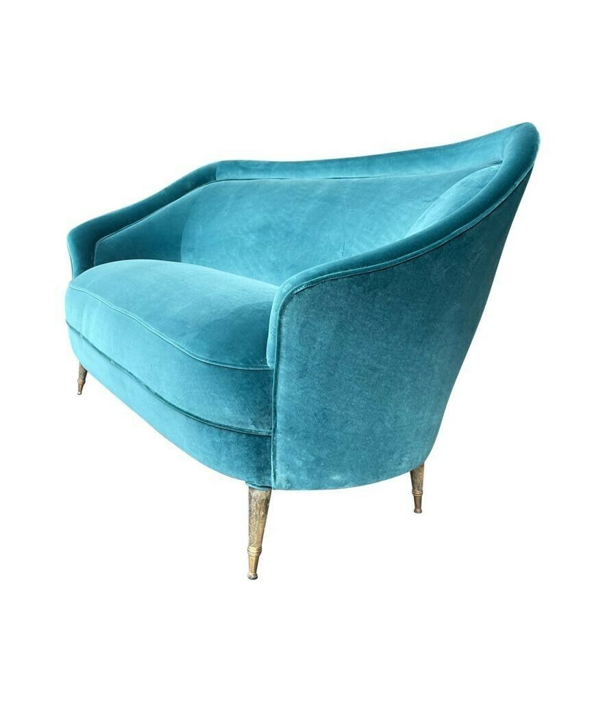An Orignal Italian 1950s Two Seater Sofa With Curved Back, With Brass And Wooden Feet photo buy