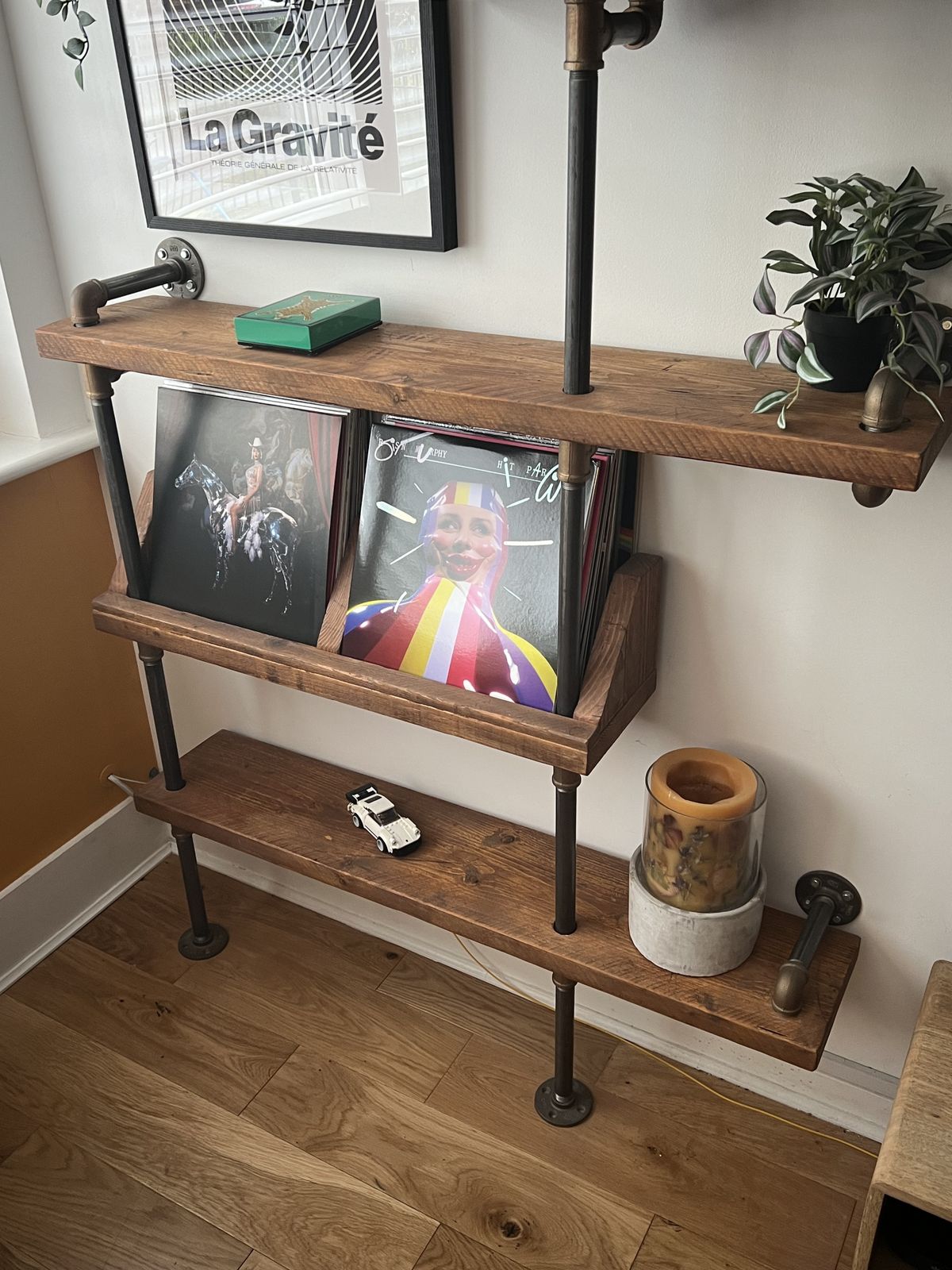 Reclaimed Scaffolding Boards And Steel Pipe Wall Mounted Shelving Unit With Vinyl Record Storage photo furniture
