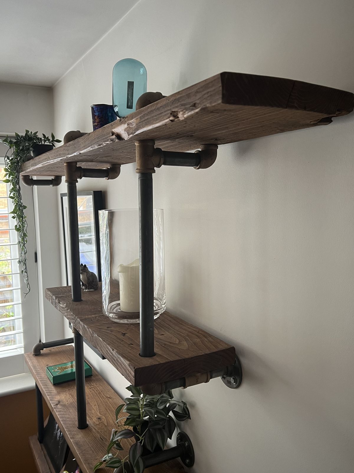 Reclaimed Scaffolding Boards And Steel Pipe Wall Mounted Shelving Unit With Vinyl Record Storage photo Furniture