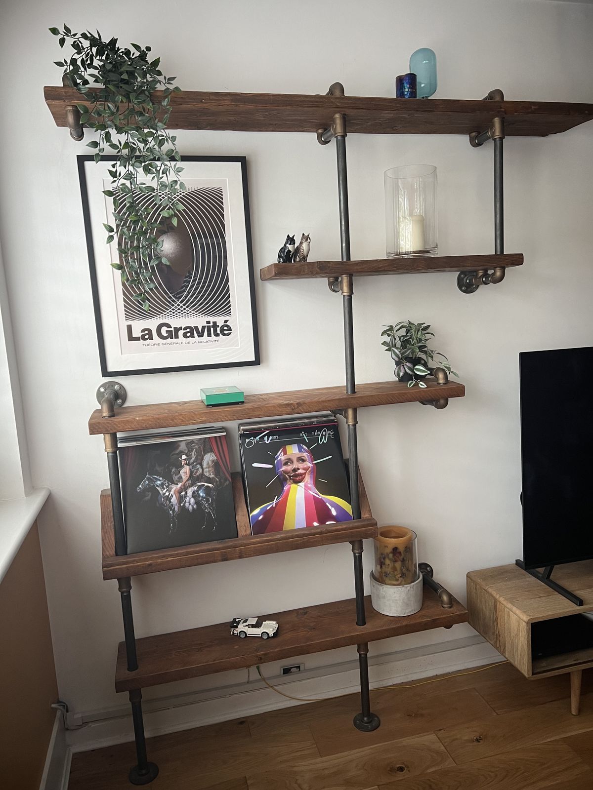 Reclaimed Scaffolding Boards And Steel Pipe Wall Mounted Shelving Unit With Vinyl Record Storage photo buy