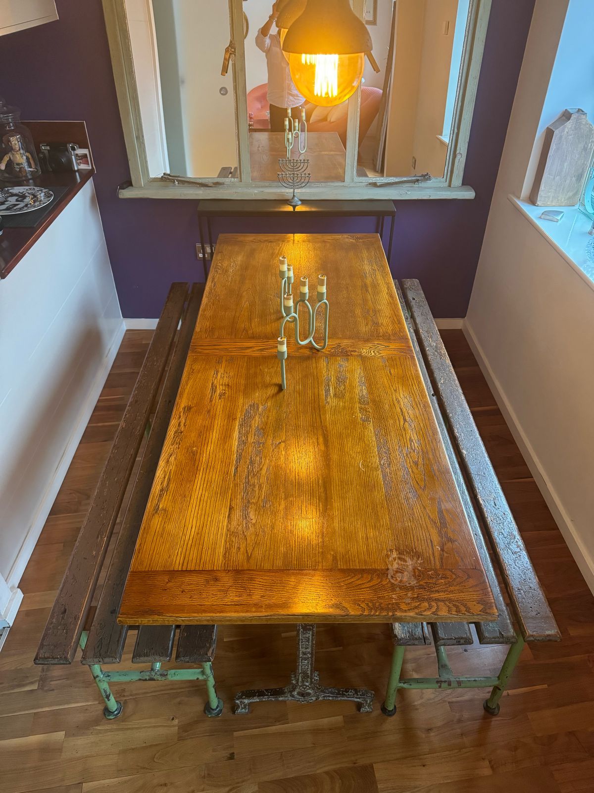 Wooden Table With Two Vintage School Benches photo furniture