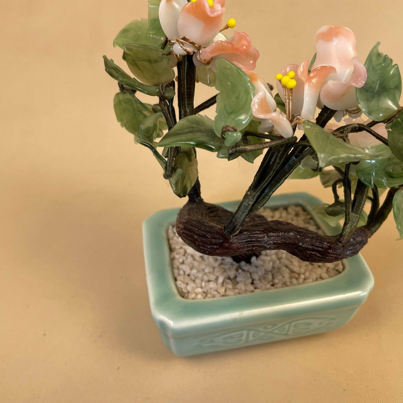 Antique Oriental Chinese Gem Tree Jade Bonsai Carved Stone Glass Vintage  Asian Ornament Green Pink Handmade Ceramic Pot | Vinterior