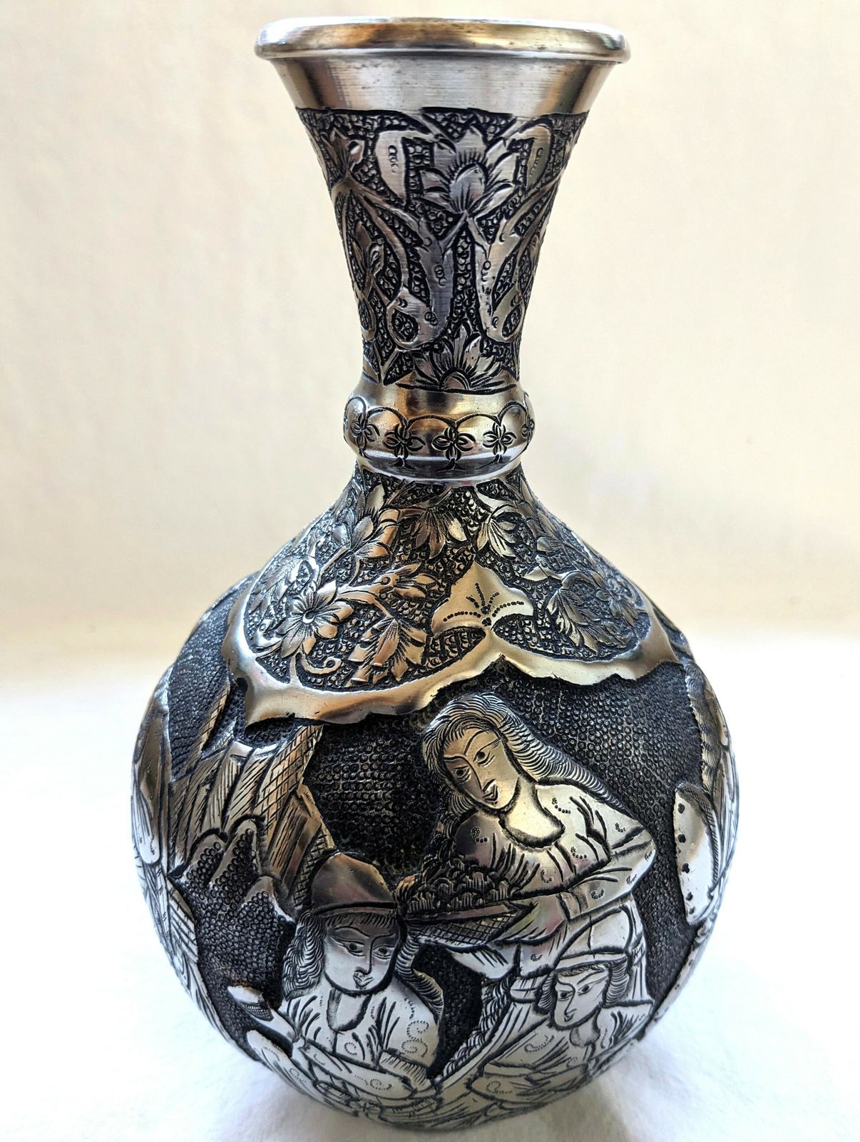 350.0 Vintage Islamic Ghalamzani Silver Vase With Deep Relief Carving photo